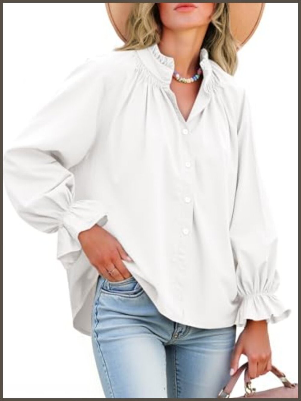 100% Cotton Puff Long Sleeve Button Down Blouse V-Neck Ruffle Cuff